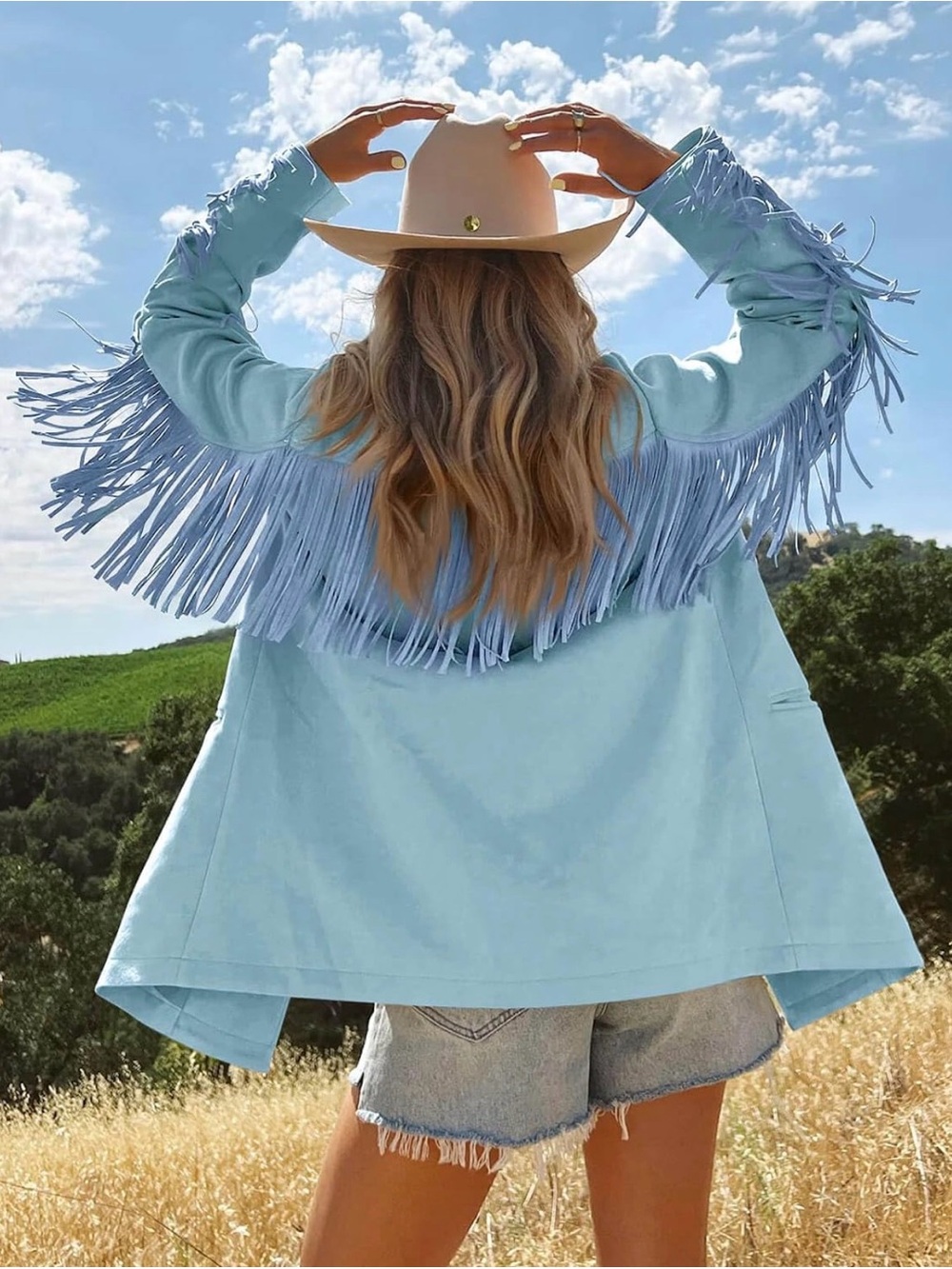 Light Blue Fringe Suede Blazer Jacket - Women